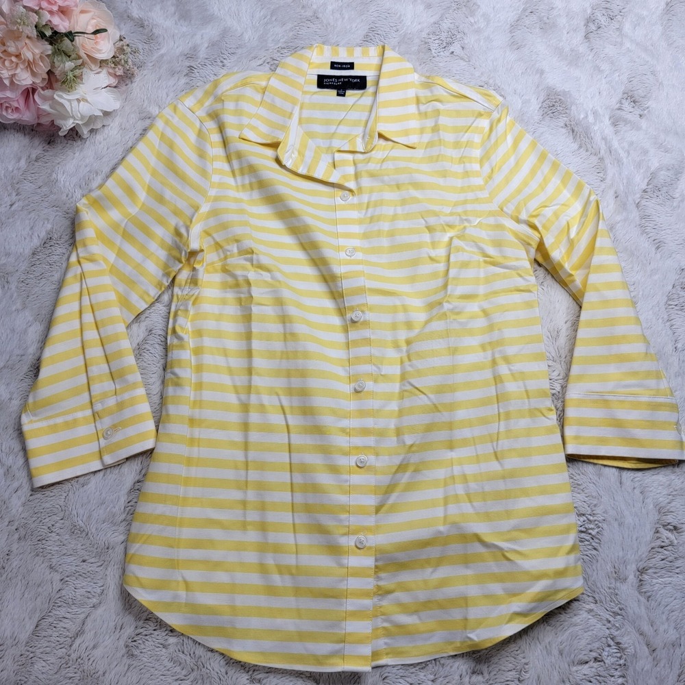 Jones New York Signature 100% Cotton Yellow White Stripe Button Up Blouse Size S